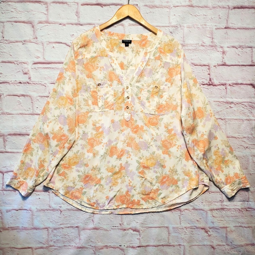Torrid Harper Challis Blouse Womans 2X Orange Purple Pastel Muted Floral Popover